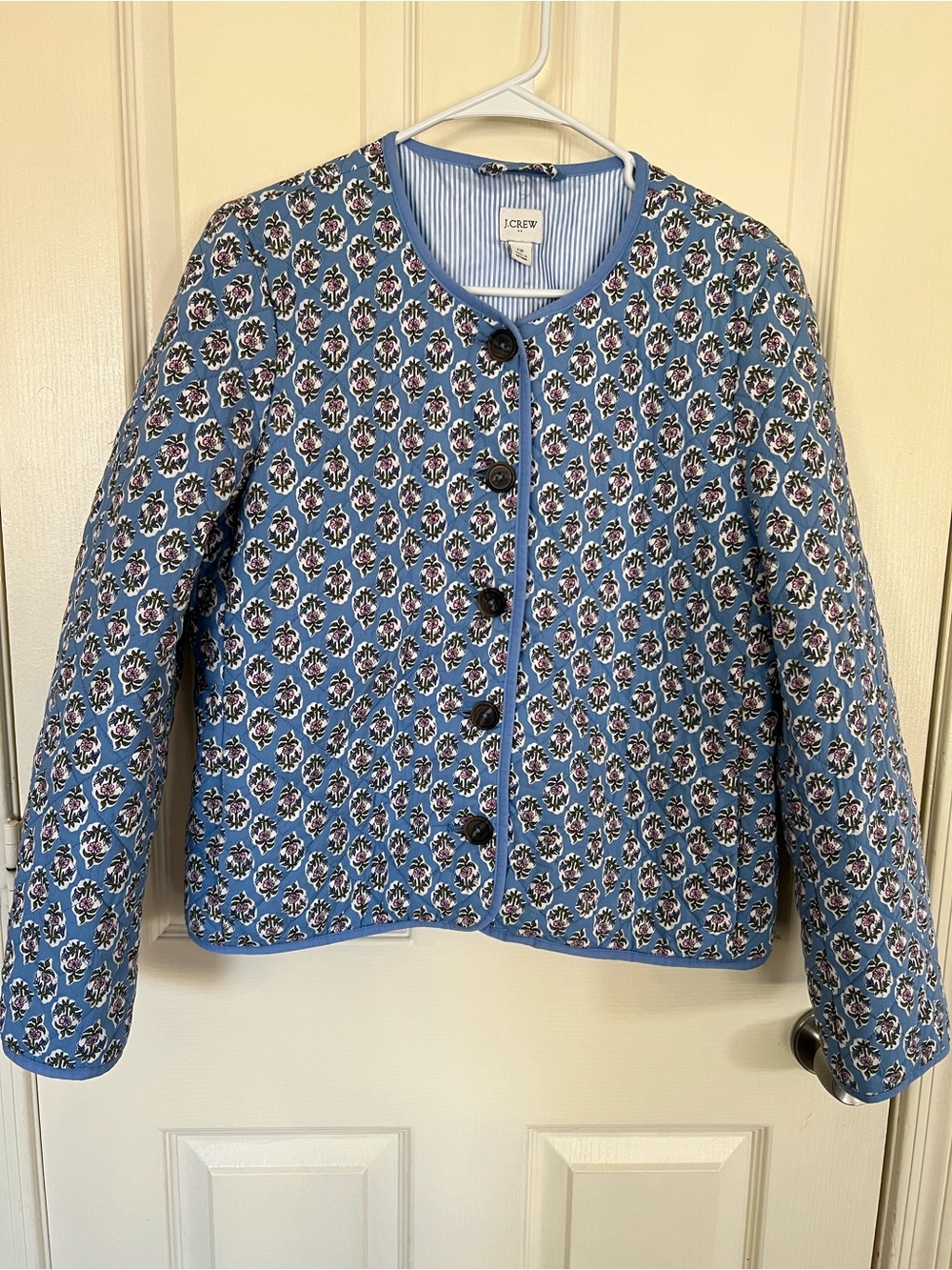 J. Crew Quilted Floral Jacket Blue Block Print Cotton Blend Size 12